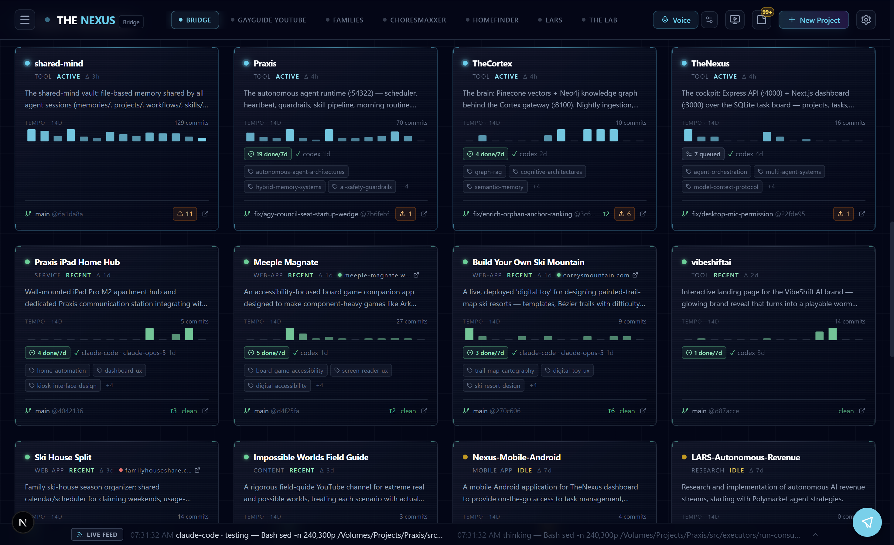 Project reference grid — every repo with tempo, commits, executor, and branch state